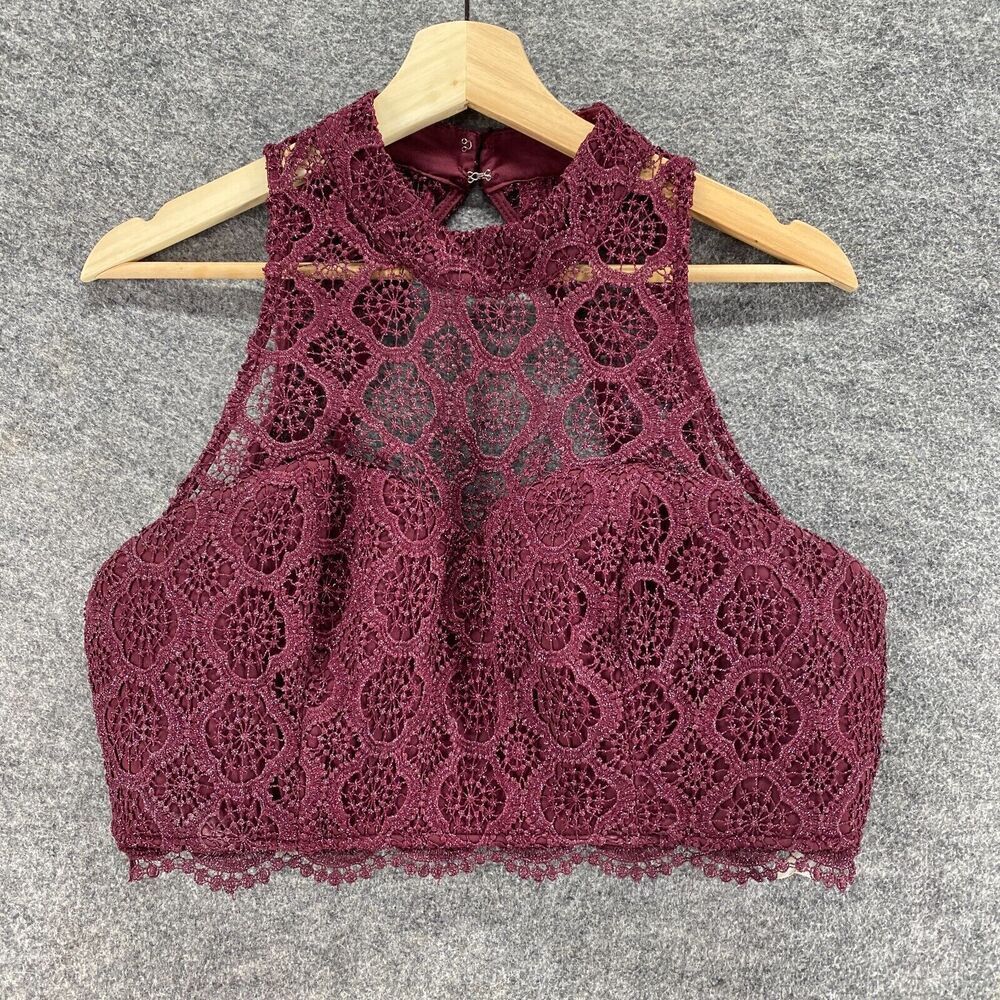 Seguin Hearts Balconette Bra Women 12 Red Geometric Lace Wireless Opaque Zipper